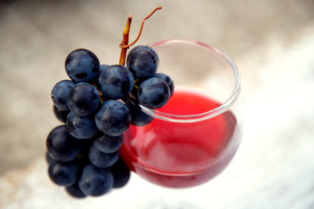 Glass with red wine and a bunch of grapes in the garden. Red wine in a glass and a bunch of grapes.