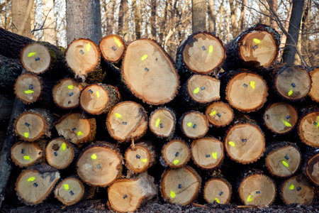 Pile of cut tree trunks in forest. Nature background.Industrial timber harvesting in forestry....