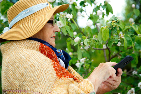 Portrait of a grandmother in the garden taking a photo of herself on her phone. An old woman takes a selfie on her phone against the backdrop of flowering bushes.の写真素材