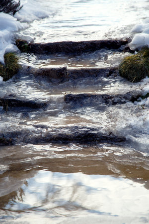 Ice melting on steps in a park in spring. Old steps in a Japanese garden in spring.Ancient steps in a Japanese garden in spring.の写真素材