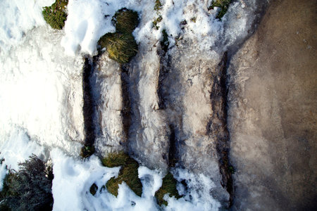 Ice melting on steps in a park in spring. Old steps in a garden in spring. Ancient steps in a garden in spring.の写真素材