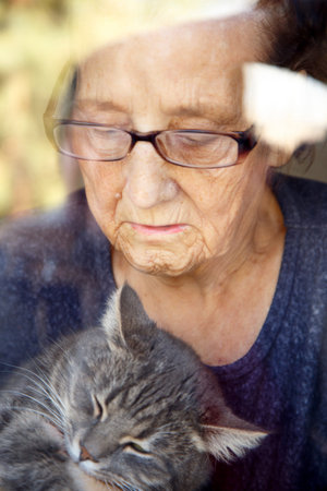 Portrait of an elderly woman with a cat wearing glasses. An old woman with a pet.の写真素材