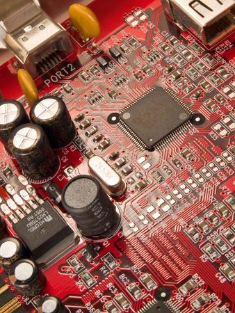Microchip on a computer board close upの写真素材