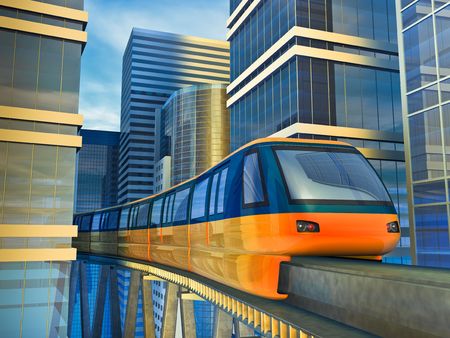 Futuristic monorail train among the skyscrapers. Made in 3D.