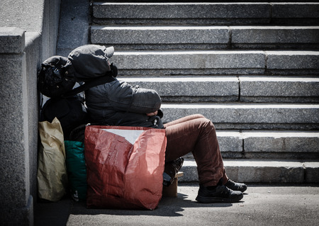 Homeless man with all his things on the street in Moscowのeditorial素材