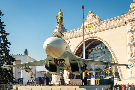 RUSSIA, MOSCOW - APRIL 15, 2018: Su-27 (Flanker) jet fighter at the VDNKh exhibition in Moscow.のeditorial素材