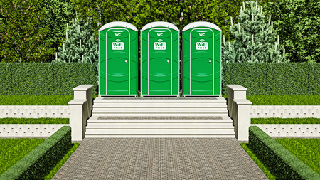 3d illustration of three portable toilets with symbols of free wifi in a city park.の写真素材
