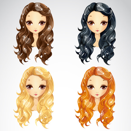 Vector illustration of wave long hair styling in different colours for womanのイラスト素材