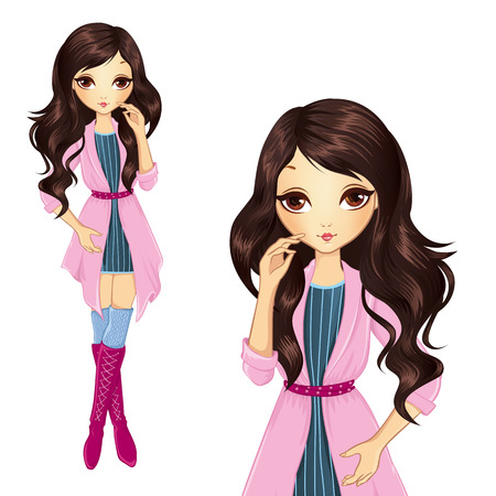 Vector illustration of beautiful brunette girl in pink coatのイラスト素材