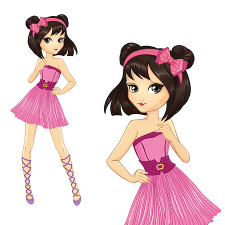 Vector illustration of beautiful brunette girl in pink dressのイラスト素材