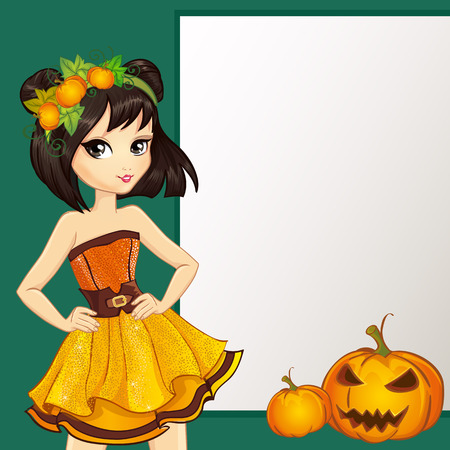 Halloween illustration. Beautiful brunette in yellow dress witch hold a vertical banner for your text.のイラスト素材