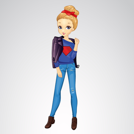 Vector illustration of fashion city girl in leather jacket and red bandanaのイラスト素材