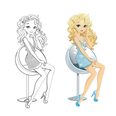 Coloring book vector illustration of beautiful blonde girl in crystals dressのイラスト素材