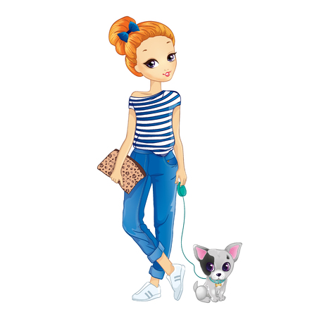 Vector illustration of girl dressed in jeans and t-shirt walking with dogのイラスト素材