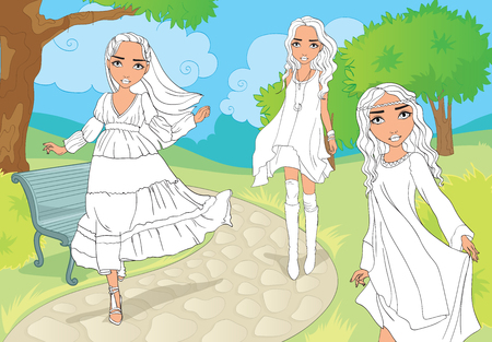 Vector coloring book of poster with beautiful stylish girl on colored backgroundのイラスト素材