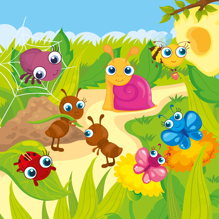 Vector illustration of animals meadows - spider, snail, ants, ladybug, butterfly and beeのイラスト素材