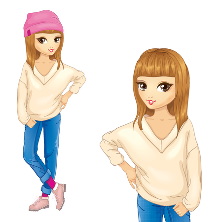 A Vector illustration of girl dressed in white sweater and pink capのイラスト素材