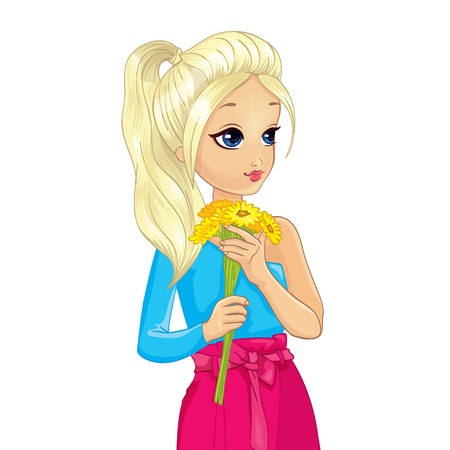 Girl in blue blouse holding bouquet of yellow flowersのイラスト素材