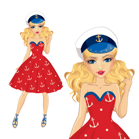 Girl dressed in red retro dress with sea cap on his headのイラスト素材