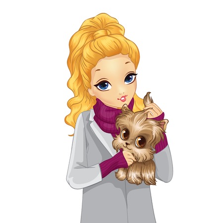 Girl dressed in autumn coat holding dogのイラスト素材
