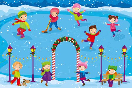 Funny Children Skate On Rink In Winterのイラスト素材