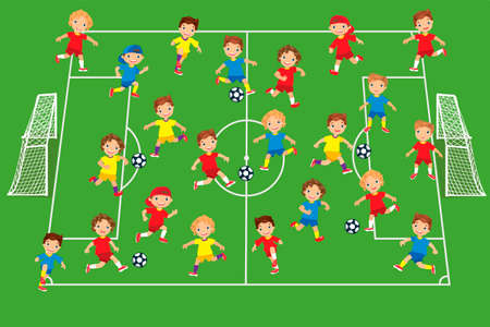 Cute children playing football on green fieldのイラスト素材