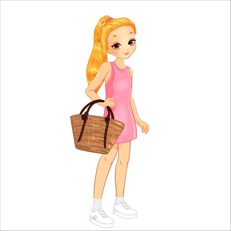 Girl in pink dress with wicker bagのイラスト素材