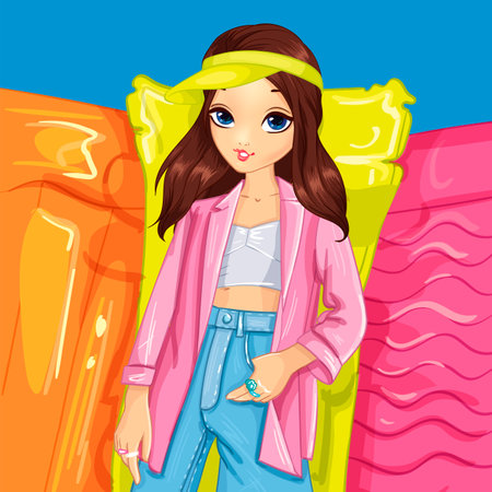 Girl in pink jacket on bright mattressesのイラスト素材