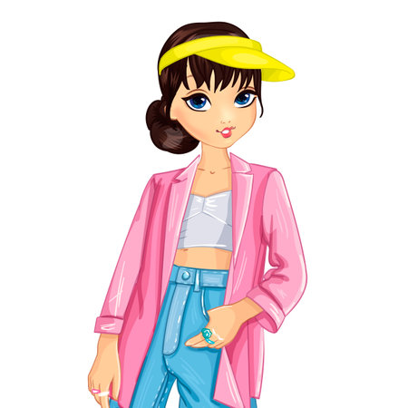 Girl in pink jacket and yellow capのイラスト素材