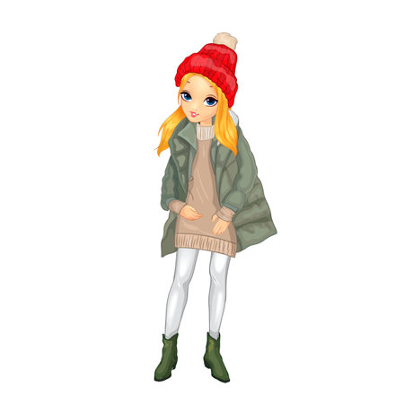 Girl in beige dress and green jacketのイラスト素材