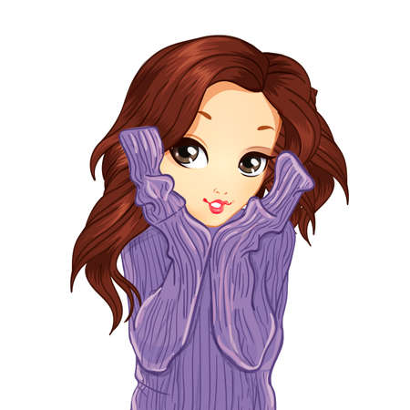 Pretty girl in purple warm knitted sweaterのイラスト素材