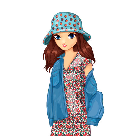 Girl in denim jacket and cool panamaのイラスト素材
