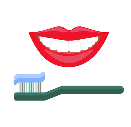 Teeth daily hygiene routine, oral care, dental cleaning. White smile and red lips, smile with teets. Toothbrush with a paste on it.のイラスト素材