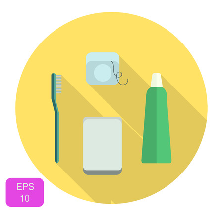 Dental care set icon, oral care daily routine, teeth cleaning, round flat vector illustration with long shadows.のイラスト素材