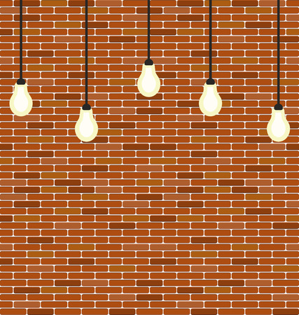 Wall brick with hanging bulbs decoration vector seamless illustration. Modern bulb garland on red brick texture.のイラスト素材