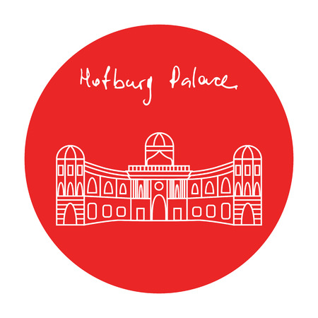 Vienna Hofburg palace building vector red circle icon with handdrawn text above in white linear style.のイラスト素材