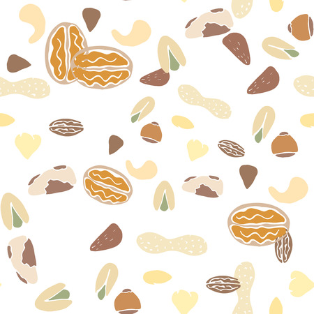 Nuts collection print seamless pattern. Vector nut set. Tileable background for fabric and textureのイラスト素材