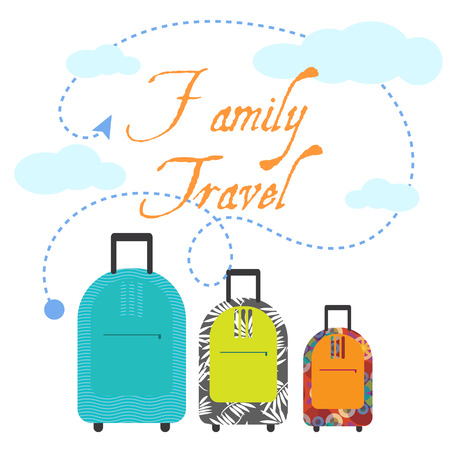 Family trip three suitcases for vacation holidays. Travel bags in flat style.のイラスト素材
