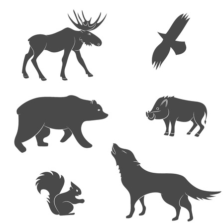 Set of forest animals vector silhouettes. Bear, eagle, squirrel, wolf, pig, moose, deerのイラスト素材
