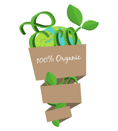 Organic eco paper tag bag concept. Green world natural food and healthy livingのイラスト素材
