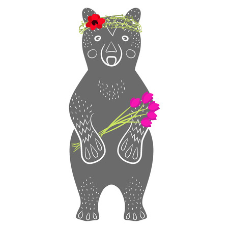 Standing grey bear cartoon animal with flowers in arms, textured fur, hand drawn style. Silhouette of a grizzly with headband wreath laurel card or book designのイラスト素材