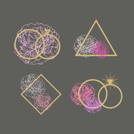 Wedding agency logo vector set. Engagement rings and peonies. Gold and rose emblems for bride and groom. Site header logotype setのイラスト素材