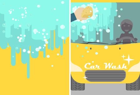 Vector car wash banner for advert. Yellow automobile with water and hand sponge washing. Vehicle cleaning and polish service flyerの写真素材