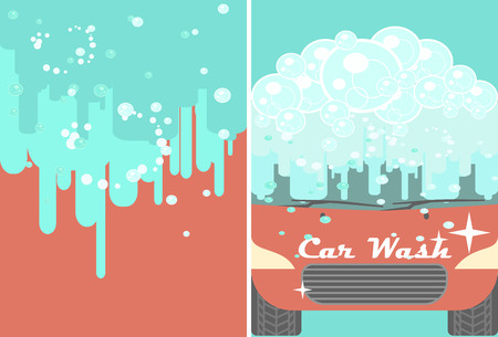 Vector car wash banner for advert. Red automobile with water under automatic bubbles washing. Vehicle cleaning and polish service flyerの写真素材