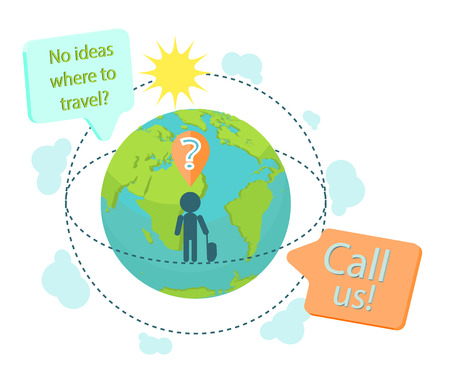 Travel agency advert landing page banner. A tourist questioning where to fly or go next. Call us bubble and a world globe in front of traveller with a luggageのイラスト素材