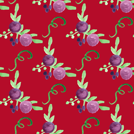 Watercolor floral purple berry handdrawn vector seamless pattern on red. Repeat summer background. For greetings and invitation celebration cardsのイラスト素材