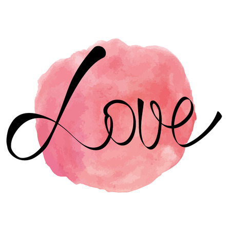Watercolor rose pink round splash with love word on background. For romantic greetings and invitation celebration cardsのイラスト素材