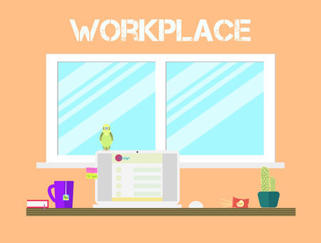 Flat style workspace icons design. Workplace and home office desk with big window, tea, parrot, cacti. Front view.のイラスト素材