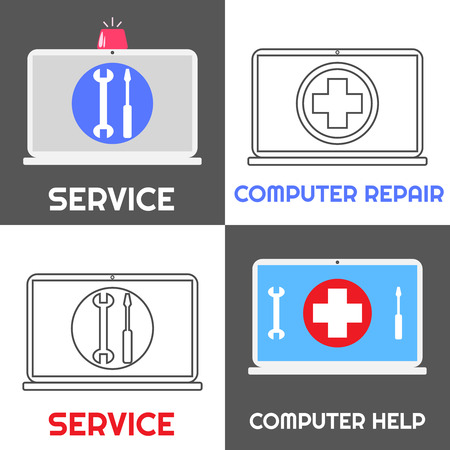 Computer repair service. Laptop help icon set of four. Flat and linear style. Notebook with emergency siren and red cross sign, wrench and screwdriver.のイラスト素材