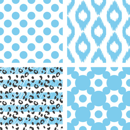 Set of vector seamless pattern. Abstract geometric background for fabric, ikat, leopard, polka and line print or wrapping paper. Blue light on whiteのイラスト素材